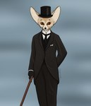 anthro big_ears big_eyes black_clothing black_gloves black_handwear black_nose black_tie_(suit) bottomwear brown_clothing brown_eyes cane classy clothed clothing collar dress_pants eyebrows fingers fur gloves hand_behind_back handwear hat headgear headwear jacket jacket_vest legwear looking_at_viewer male necktie pants pockets shirt simple_background smile snout solo suit tan_body tan_fur top_hat topwear vest walking_stick whiskers white_clothing white_collar white_shirt white_topwear cayugo canid canine fennec_fox fox mammal true_fox absurd_res hi_res