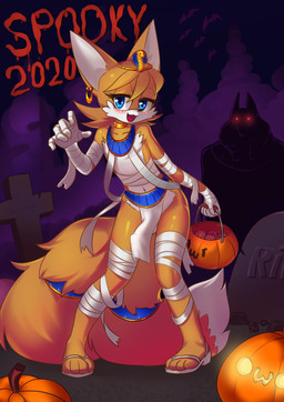 4_toes 5_fingers anthro balls bandage barely_visible_balls barely_visible_genitalia blue_eyes blush bottomwear bulge circumcised clothing costume detailed_bulge ear_piercing egyptian egyptian_clothing erection feet femboy fingers food footwear fruit genital_outline genitals halloween_costume halloween_decoration holidays jack-o'-lantern knock-kneed loincloth looking_at_viewer male multi_tail mummy_costume mummy_wrappings navel owo penis penis_outline piercing plant pumpkin sandals shoes solo tail text toes tombstone sparkydb halloween sega sonic_the_hedgehog_(series) miles_prower canid canine fox mammal 2020 absurd_res dated english_text full-length_portrait hi_res portrait