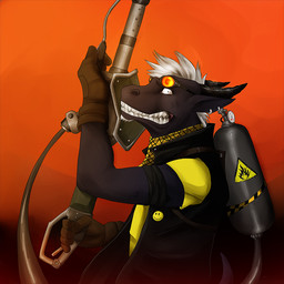 anthro bared_teeth black_body black_clothing black_horn black_topwear clothed clothing eyewear eyewear_on_head fangs goggles goggles_on_head gradient_background hair holding_flamethrower horn looking_at_viewer male male_anthro open_clothing open_topwear short_hair side_view simple_background solo teeth topwear white_hair yellow_clothing yellow_topwear solaxe_(artist) mythology dragon mythological_creature mythological_scalie scalie 1:1