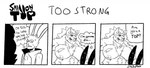 anthro anthro_on_anthro big_pecs bodily_fluids chest_tuft dialogue duo flirting humor male male/male muscular muscular_male nipples pecs scar size_difference speech_bubble sweat text tuft unexpected_sub spedumon small_on_top adventurer_(small_on_top) lagomorph leporid mammal rabbit comic english_text monochrome