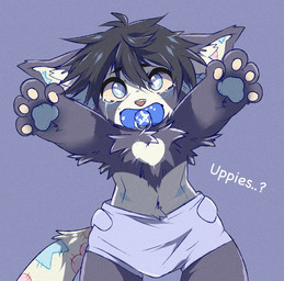 anthro bodily_fluids clean_diaper clothed clothing crying diaper heart_eyes heart_symbol looking_at_viewer neonate object_in_mouth pacifier pacifier_in_mouth paws solo tears wearing_diaper young young_anthro crowzperch domestic_cat felid feline felis mammal hi_res