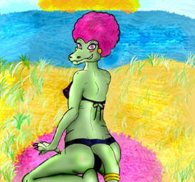 accessory afro anthro beach bikini biped blush breasts butt clothing female furgonomics grass hair kneeling looking_at_viewer looking_back non-mammal_breasts outside pink_hair plant purple_eyes seaside solo sun swimwear tail tail_accessory tailband two-piece_swimsuit water aleixter donkey_kong_(series) nintendo kalypso crocodilian kremling reptile scalie 2011