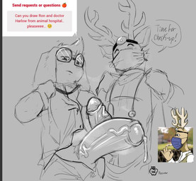 anthro antlers big_penis bodily_fluids cum cum_drip deer_ears dripping duo eyes_closed eyewear floppy_ears genital_fluids genitals glasses hair horn looking_at_viewer looking_down male male/male mask medical_instrument penis scientific_instrument size_difference stethoscope strawpage_request surgical_mask text apple_mortar_(artist) animal_hospital strawpage accounting_(animal_hospital) dr._harlow_(animal_hospital) deer domestic_rabbit lagomorph leporid lop_rabbit mammal oryctolagus rabbit english_text line_art monochrome sketch
