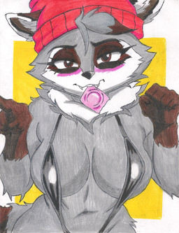 anthro bedroom_eyes black_nose black_sling_bikini blush breasts brown_eyes brown_hands clothed clothing condom condom_in_mouth ears_through_headwear eyelashes fangs female fur grey_body grey_fur hat head_tuft headgear headwear inner_ear_fluff latina mouth_hold narrowed_eyes navel neck_tuft object_in_mouth one-piece_swimsuit partially_clothed pink_condom pivoted_ears rawr red_clothing red_hat red_headwear seductive sexual_barrier_device sling_bikini small_waist solo swimwear tail teeth tuft youtuber unknown_artist miko's_trash_can mammal procyonid raccoon hi_res traditional_media_(artwork)