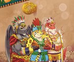 anthro ball beard black_body black_nose detailed_background facial_hair feathers group humanoid_hands male mature_male mayan mesoamerican_ballgame muscular muscular_male ollamaliztli red_body scar sport wings yellow_body kamui_shirow lifewonders tokyo_afterschool_summoners itzamna_(tas) tezcatlipoca_(tas) felid iguana iguanid jaguar lizard mammal pantherine reptile scalie 2021 absurd_res hi_res