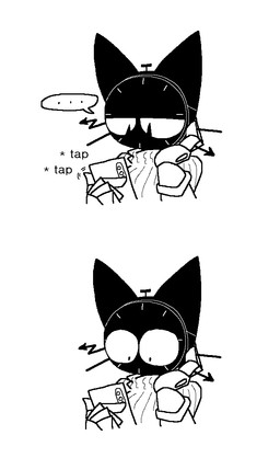 anthro biped black_body cellphone clothing electronics ellipsis female fingers front_view phone pupils simple_background slit_pupils smartphone solo standing sweater text topwear white_background wide_eyed sabgong clock_cat_(sabgong) domestic_cat felid feline felis mammal monochrome