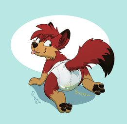 all_fours anthro black_body black_ear_tips black_fur black_pawpads black_tail_tip bodily_fluids clothed clothing diaper dipstick_ears dipstick_tail ear_markings fur genital_fluids gloves_(marking) leg_markings male markings multicolored_body multicolored_ears multicolored_fur pawpads red_body red_ears red_fur red_inner_ear red_tail simple_background snaggle_tooth socks_(marking) solo sound_effects tail tail_markings tan_body tan_fur tilde_after_text tongue tongue_out two_tone_tail unclean_diaper urine used_diaper using_diaper vowelless vowelless_sound_effect wearing_diaper wet_diaper wetting wetting_diaper whisker_spots young young_anthro scuzzyfox vesper_(mojavemezo) canid mammal hi_res signature