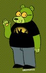 4_fingers anthro black_clothing black_footwear black_nose black_shirt black_shoes black_t-shirt black_topwear blue_bottomwear blue_clothing blue_pants bottomwear checkered checkered_background clothed clothing eyewear fingers footwear fur gesture glasses green_background green_body green_fur green_inner_ear looking_at_viewer male multicolored_body multicolored_fur overweight overweight_anthro overweight_male pants pattern_background pawpads shirt shoes simple_background smile smiling_at_viewer solo t-shirt topwear waving yellow_eyes yellow_pawpads greengrizz grizz_(greengrizz) bear mammal ursine 2024 artist_name digital_drawing_(artwork) digital_media_(artwork) flat_colors hi_res