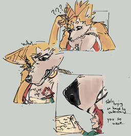 anthro big_breasts breasts clothed clothing confusion dialogue document duo ear_piercing ear_ring extreme_size_difference female female_anthro fur hair larger_anthro larger_female macro macro_anthro macro_female paper piercing ponytail question_mark red_hair ring_piercing simple_background size_difference smaller_female smaller_human tan_body tan_fur teeth text topwear yapping attakoii clara_(attakoii) melon_(attakoii) canid canine fox human mammal digital_media_(artwork) english_text hi_res