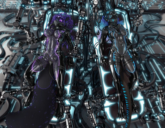 anthro bdsm black_body blue_stripes bodysuit breasts claws clothing cyberpunk duo female hair latex machine mask navel restraints skinsuit stripes tail tight_clothing translucent translucent_latex eleode nyghtwulf andi_(korozjin) aquatic fish robot shark hi_res