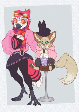 anthro avian_feet bar_stool beak belt beverage black_beak blush bottomwear brown_body brown_fur brown_pawpads bubble bubble_tea chair checkered checkered_clothing checkered_scarf clothed clothing drinking duo ear_tuft eyewear fake_horns feathers feet female fur furniture glasses green_eyes hair hoodie leggings legwear markings multicolored_body multicolored_fur open_beak open_mouth orange_eyewear orange_sunglasses pattern_clothing pattern_scarf pawpads paws pink_body pink_clothing pink_feathers pink_hair pink_hoodie pink_topwear scarf simple_background skirt stool striped_feathers striped_markings stripes sunglasses sunglasses_on_face tail tail_feathers tail_tuft tights topwear tuft tufted_fur two_tone_body two_tone_fur wearing_glasses wearing_sunglasses wings dcayorcus avian bird canid canine fennec_fox fox mammal true_fox digital_media_(artwork)
