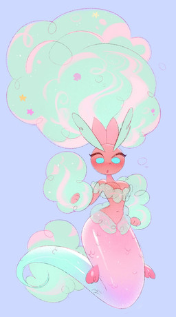 :o anthro big_hair blue_background blue_eyes blue_hair blush bra breasts bubble cleavage clothed clothing ears_as_hair eyebrows eyelashes female fin hair mermaid_tail multicolored_body multicolored_scales navel open_mouth rainbow_body rainbow_scales scales seashell_in_hair simple_background slim solo split_form starfish_(accessory) thick_eyebrows translucent translucent_bra translucent_clothing translucent_underwear underwear shgrcube nintendo pokemon aquatic asterozoan echinoderm generation_4_pokemon lagomorph leporid lopunny mammal merfolk pokemon_(species) rabbit starfish hi_res