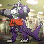 anthro bodily_fluids clothed clothing exercise gym hair horn male muscular muscular_anthro muscular_male open_mouth solo standing sweat vein weightlifting workout eda fish marine shark absurd_res hi_res