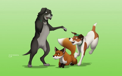 ambiguous_gender bandage bandaged_head black_body black_fur black_nose brown_body brown_fur collar feral fur green_background green_collar grey_body grey_fur group happy lying on_front on_hind_legs orange_body orange_fur raised_tail simple_background tail trio white_body white_fur k_98 the_plague_dogs rowf_(the_plague_dogs) snitter_(the_plague_dogs) the_tod canid canine fox fox_terrier mammal red_fox true_fox 16:10 2014 digital_drawing_(artwork) digital_media_(artwork) shaded soft_shading widescreen