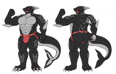 3_toes anthro barazoku black_body claws clothed clothing dorsal_fin dorsal_fin_scar feet fin fin_scar grey_body grey_lines jockstrap jockstrap_only male multicolored_body muscular muscular_male pectoral_fin scar tail tail_fin tail_fin_scar tail_scar toes topless underwear underwear_only haha-yea negashark aquatic fish shark 2026 hi_res model_sheet