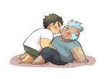 anthro blue_hair blush brown_body brown_fur brown_hair chibi duo fur hair male male/male tusks rorondo4 lifewonders tokyo_afterschool_summoners chubby_protagonist_(tas) ganglie_(tas) protagonist_(tas) human mammal suid suina sus_(pig) wild_boar 4:3