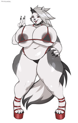 anthro areola big_breasts bikini biped breasts clothed clothing eyebrows female fingers front_view hair huge_breasts looking_at_viewer open_mouth pupils simple_background smile solo swimwear thick_thighs two-piece_swimsuit petroverr hellaverse helluva_boss mythology loona_(helluva_boss) canid canid_demon canine demon hellhound mammal mythological_canine mythological_creature hi_res