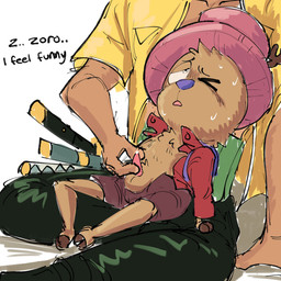 anthro backpack balls bodily_fluids bottomwear clothed clothed_sex clothing dialogue duo genital_fluids genitals handjob hat headgear headwear horn male male/male melee_weapon on_lap one_eye_closed open_clothing open_mouth open_shirt open_topwear pants penile penis precum sex shirt shota simple_background sitting size_difference sweat sweatdrop sword tapering_penis text topwear weapon young young_anthro young_male vitamin_unknown one_piece roronoa_zoro tony_tony_chopper deer human mammal new_world_deer reindeer 1:1 2022 absurd_res english_text hi_res