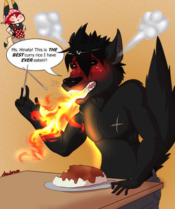 anthro blush clothing curry dark duo eating female food fur hair male open_mouth rice scar smile spicy text amaterasu_(artist) darkwolf_(darkwolfdemon) canid canine canis fox hybrid lagomorph leporid mammal rabbit wolf 2014 english_text hi_res