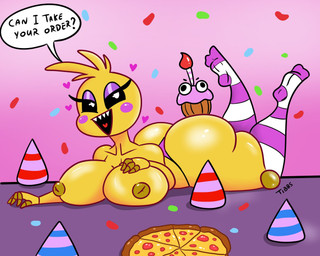 anthro areola asking asking_viewer beakless big_breasts big_butt black_sclera blush blush_stickers breasts brown_areola butt clothed clothing cupcake dialogue female food footwear half-closed_eyes hat headgear headwear heart_in_mouth heart_symbol huge_breasts huge_butt inverted_nipples knee_highs knee_socks legwear looking_at_viewer lying machine narrowed_eyes nipples non-mammal_breasts on_front open_mouth party_hat pizza question question_mark socks solo speech_bubble talking_to_viewer text thick_thighs thong topless underwear white_eyes yellow_body yes-no_question tibbs five_nights_at_freddy's five_nights_at_freddy's_2 scottgames cupcake_(fnaf) toy_chica_(fnaf) animatronic avian bird chicken galliform phasianid robot 2021 5:4 digital_media_(artwork) english_text hi_res