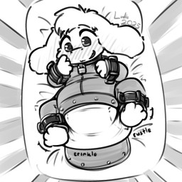 3_toes 4_fingers ambiguous_gender ankle_cuffs anthro big_diaper blush blush_lines button_(fastener) clean_diaper clothed clothing collar crib crinkling cuff_(restraint) diaper feet fingers floppy_ears fur high-angle_view lock lying on_back on_pillow open_mouth open_onesie open_smile pillow restraints rustling smile snaggle_tooth solo toes wearing_diaper white_body white_diaper white_fur wrist_cuffs young young_anthro ludis-luteo undertale undertale_(series) asriel_dreemurr bovid caprine goat mammal 1:1 2025 full-length_portrait greyscale hi_res monochrome portrait signature male_(lore)