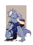 2023 5_toes aloejuice0917 anthro black_nose blush book bulge canid canine canis clothing feet fur goo-connected_lips goo_suit goo_transformation grey_body grey_fur hair hi_res male mammal pretty_cure simple_background solo teeth toes transformation white_hair wolf wolfrun