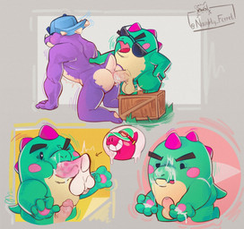 all_fours anal anal_penetration anthro balls blush bodily_fluids box butt clothing container cum cum_in_ass cum_in_mouth cum_inside cum_on_face duo erection eyewear fellatio from_behind_position genital_fluids genitals green_body hat headgear headwear heart_eyes heart_symbol male male/male male_penetrated male_penetrating male_penetrating_male muscular muscular_male nude open_mouth oral oral_penetration penetration penile penis purple_body sex size_difference tongue naughty_ferret brawl_stars supercell_(company) buzz_(brawl_stars) doug_(brawl_stars) pierce_(brawl_stars) dinosaur prehistoric_species reptile scalie hi_res
