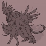 1:1 airu ambiguous_gender avian duo feathered_wings feathers feral feral_on_feral from_behind_position gryphon horn male male/ambiguous monochrome mythological_avian mythological_creature mythology pink_background sex simple_background tail unknown_species wings