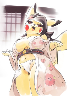 anthro anthrofied asian_clothing bedroom_eyes belly black_hair breasts camel_toe cleavage cleft_tail clothed clothing costume dress east_asian_clothing fangs female fundoshi fur hair headdress japanese_clothing kimono looking_at_viewer narrowed_eyes navel open_mouth open_smile pokemorph seductive skimpy slightly_chubby smile solo tail teasing teeth tongue underwear yellow_body yellow_fur mmuhu nintendo pokemon generation_1_pokemon mammal pikachu pokemon_(species) 2023 digital_media_(artwork) hi_res