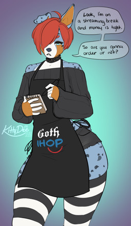 anthro biped black_lipstick bottomwear claws clothed clothed_anthro clothed_male clothing collar countershade_torso countershading dialogue femboy fingers front_view fully_clothed fully_clothed_anthro fully_clothed_male fur hair lipstick looking_at_viewer makeup male simple_background solo speech_bubble spots standing tail teeth text topwear kittydee goth_ihop jo_adderson australian_shepherd canid canine canis domestic_dog herding_dog hybrid mammal pastoral_dog sheepdog welsh_corgi 2026 digital_drawing_(artwork) digital_media_(artwork) english_text hi_res