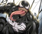 black_body bodily_fluids emblem empty_eyes long_tongue looking_at_viewer male muscular not_furry open_mouth saliva sharp_teeth solo teeth tongue tongue_out maroonabyss marvel venom_(marvel) alien alien_humanoid humanoid symbiote 5:4