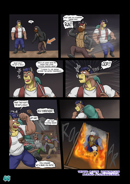 2_horns anthro athletic bag blue_hair bottomwear brown_body brown_fur brown_hair burning clothed clothing club_(weapon) dialogue directional_arrow fire footwear fur green_eyes green_hair grey_body grey_fur group hair holding_club holding_melee_weapon holding_object holding_weapon hood horn light_armor male mask melee_weapon page_number pants profanity purple_body realization rock running_away seven_frame_image shirt shoes speech_bubble sword tail text throwing_rock tight_clothing tight_shirt tight_topwear topwear vest weapon white_clothing white_shirt white_topwear wounded yelling vju79 mythology cobby_(vju79) gervic_(vju79) zudrec_(vju79) canid canine canis cougar dragon felid feline mammal mythological_creature mythological_scalie scalie wingless_dragon wolf comic english_text hi_res url