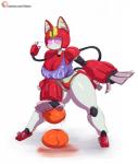 ball basketball_(ball) big_breasts big_butt blush bodily_fluids bottomless breasts butt clothed clothing crop_top empty_eyes featureless_breasts feline_ears female huge_breasts machine plug red_body shirt simple_background small_waist solo sweat text thick_thighs topwear white_body wide_hips riipley medabots peppercat_(medabots) animal_humanoid felid felid_humanoid humanoid mammal mammal_humanoid peppercat robot 2019 absurd_res digital_media_(artwork) hi_res url