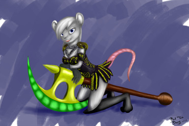 anthro armor axe blue_eyes breasts chain deathsia female hair looking_at_viewer melee_weapon simple_background solo tail warrior weapon btbunny_(artist) mammal mouse murid murine rodent 2013