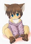 anthro biped blue_eyes blush bottomless brown_hair clothed clothing countershading covering covering_self fur hair male off_shoulder orange_body orange_fur partially_clothed simple_background sitting solo sweater topwear white_background white_body white_fur young young_anthro yojoo canid canine fox mammal