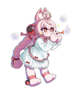 3_toes 5_fingers ahoge anklet anthro barefoot blowing_bubbles braided_pigtails bubble claws clothed clothed_anthro clothed_female clothing dress ear_piercing ear_ring feet female fingers flat_chested fully_clothed fully_clothed_anthro fully_clothed_female fur hair inner_ear_fluff jewelry paws piercing pink_body pink_fur pink_hair red_eyes ring_piercing scut_tail short_tail simple_background tail toes tuft white_background yger mihoyo zenless_zone_zero zhao_(zenless_zone_zero) lagomorph leporid mammal rabbit thiren absurd_res full-length_portrait hi_res portrait