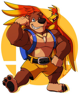 3_toes anthro backpack barefoot beak belt biceps black_pawpads blue_eyes bottomwear claws clothed clothing duo eyelashes feathers feet female feral flexing fur green_eyes grin jewelry looking_at_viewer male muscular muscular_male necklace open_mouth open_smile pawpads paws pecs pose shorts smile soles standing teeth toe_claws toes tongue topless triceps wings yongdasom banjo-kazooie nintendo rareware super_smash_bros. super_smash_bros._ultimate banjo_(banjo-kazooie) kazooie avian bear bird breegull mammal hi_res