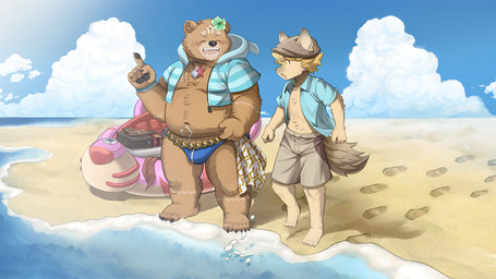 accessory anthro beach belly blonde_hair bottomwear brown_body brown_fur bulge clothing duo flower flower_in_hair fur hair hair_accessory hoodie male male/male navel overweight pawpads plant sand shorts smile speedo swimwear topwear yellow_eyes young young_anthro young_male kinoshita-jiroh crave_saga cyberconnect2 fuga:_melodies_of_steel little_tail_bronx gabu_(crave_saga) malt_marzipan bear canid canine caninu canis domestic_dog mammal crossover official_art