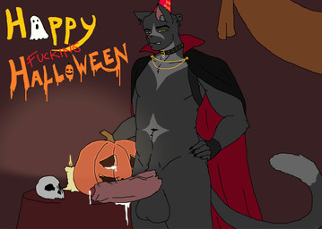 anthro balls birthday black_body bodily_fluids bone cape clothing cum cumshot ejaculation food fruit genital_fluids genitals kasius_meow male penis plant pumpkin pumpkin_fucking skull solo caesarmeow vampire