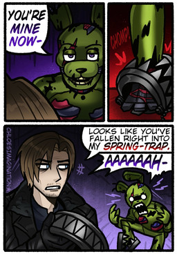 3_panel_comic 4_fingers anthro bangs bear_trap black_clothing black_coat black_eyebrows black_gloves black_handwear black_nose black_shirt black_topwear blue_eyes brown_hair clothed clothed_human clothed_male clothing coat dialogue duo empty_eyes eye_through_hair eyebrow_through_hair eyebrows facial_hair featureless_crotch fingers gloves goatee green_body green_tail hair handwear holding_bear_trap holding_object humor lidded_eyes light long_ears machine male male_anthro male_human mature_human mature_male multicolored_body mustache nude_anthro nude_male onomatopoeia pun purple_eyes red_body screaming sharp_teeth shirt sound_effects speech_bubble stubble tail talking_to_another tan_body tan_skin teeth text topwear torn_ear translucent translucent_hair trap_(contrivance) trapped chloeimagine capcom five_nights_at_freddy's five_nights_at_freddy's_3 resident_evil resident_evil_requiem scottgames leon_kennedy springtrap_(fnaf) animatronic human lagomorph leporid mammal rabbit robot 2026 artist_name colored comic crossover digital_drawing_(artwork) digital_media_(artwork) english_description english_text hi_res lighting shaded