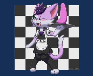 anthro blush checkered checkered_background clothing countershading cute_fangs digitigrade dildo fangs female fur heart_(marking) leggings legwear maid_uniform markings one_eye_closed open_mouth pattern_background pink_body pink_dildo pink_fur sex_toy simple_background solo tail teeth uniform white_body white_countershading feeshyartist miu_(feeshyartist) felid feline mammal philikkahn alpha_channel hi_res