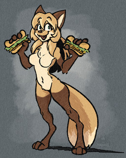 3_toes 4_fingers anthro arm_tuft big_ears big_eyes big_tail blonde_hair blue_eyes breasts brown_arms brown_ears brown_legs brown_nose burger burger_bun cheek_tuft cheese chicken_meat chicken_sandwich dairy_products digitigrade dipstick_tail elbow_tuft eyebrow_through_hair eyebrows eyelashes facial_tuft fangs fast_food featureless_breasts featureless_crotch feet female fingers fluffy fluffy_chest food fur gloves_(marking) grey_background hair happy holding_burger holding_food holding_object leg_markings lettuce long_hair looking_away markings meat multicolored_body navel open_mouth plant poster simple_background small_nose socks_(marking) solo standing tail tail_markings tail_on_ground teeth text textured toes tongue translucent translucent_hair tuft two_tone_body vegetable white_body white_chest white_fur white_inner_ear white_sclera yellow_body yellow_fur conditional_dnp iniquity averi_(fiddleafox) canid canine fox mammal red_fox true_fox 2025 artist_name colored digital_drawing_(artwork) digital_media_(artwork) portrait watermark