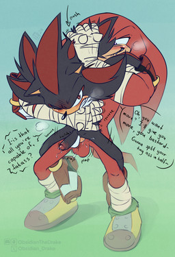 anthro balls bandage bandaged_arm bite biting_lip black_body blush bodily_fluids bracelet carrying_another carrying_partner chest_tuft clothing dialogue duo footwear foreskin genital_fluids genitals gloves hand_spike handwear jewelry male male/male penis plap precum purple_eyes red_body red_eyes rough_sex sex shoes speech_bubble spikes spikes_(anatomy) text tuft obsidianthedrake sega sonic_boom sonic_the_hedgehog_(series) knuckles_the_echidna shadow_the_hedgehog echidna eulipotyphlan hedgehog mammal monotreme english_text hi_res