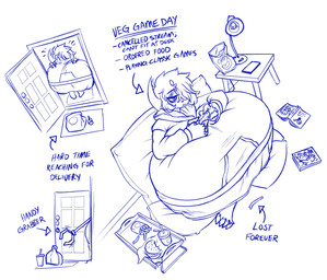 anthro big_breasts blush blush_lines bottomwear breasts burger chips_(food) clothed clothing controller crossed_legs directional_arrow eating feet female food game_controller gaming hair hair_over_eye hand_on_breast hoodie huge_breasts hyper hyper_breasts one_eye_obstructed pillow shorts sitting solo stuck text topwear lunarspy nintendo pokemon tia_(lunarspy) absol generation_3_pokemon pokemon_(species) english_text hi_res monochrome sketch