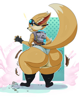 anthro big_butt blush bodily_fluids boots broken_bottle butt butt_expansion butt_jiggle clenched_teeth clothing collar embarrassed exclamation_point expansion expansion_potion explosion exposed eyewear eyewear_on_head fingerless_gloves footwear gloves goggles goggles_on_head handwear heart_print_underwear heart_symbol jiggling jumpsuit looking_at_viewer looking_back love_potion male pants_ripping popped potion shocked shoes shoulder_pads simple_background solo sweat sweatdrop teeth tool_belt toony underwear wardrobe_malfunction anonymous_artist hi-rez_studios paladins_(game) pip_(paladins) vulpin hi_res