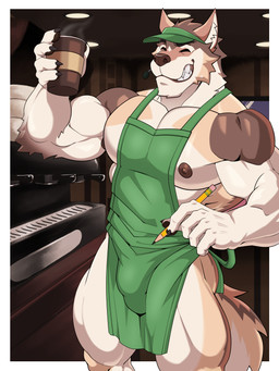5_fingers ^_^ anthro apron apron_only arm_tuft barista beverage big_muscles big_pecs biped border chin_tuft clothing coffee coffee_cup coffee_shop container cup detailed_background earpiece elbow_tuft eyes_closed facial_tuft fingers front_view fur green_apron green_clothing green_hat green_headwear grin hat headgear headwear inner_ear_fluff male multicolored_body multicolored_fur muscular muscular_arms muscular_male muscular_thighs nipples open_mouth open_smile outside_border pecs pencil_(object) smile snout solo standing steam tail tan_body tan_fur tuft sirwolfybuns alfonso_(raccsdatfapps) canid canine canis iberian_wolf mammal wolf 2025 3:4 absurd_res digital_media_(artwork) hi_res portrait three-quarter_portrait
