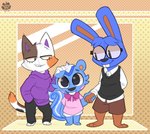 anthro blue_body blue_fur blush clothed clothing eyewear fur glasses group hair hand_holding headpat looking_at_viewer male simple_background smile nutty_bo animal_crossing nintendo doc_(animal_crossing) filbert_(animal_crossing) purrl_(animal_crossing) domestic_cat felid feline felis lagomorph leporid mammal rabbit rodent sciurid tree_squirrel