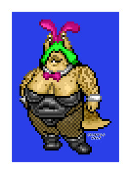 anthro belly big_breasts boots border bow_tie breasts bulge bunny_costume cleavage clothed clothing collar costume cuff_(restraint) detailed_bulge eyestalks fake_ears fake_rabbit_ears fishnet_clothing fishnet_legwear footwear green_hair gynomorph hair huge_breasts intersex legwear markings navel overweight overweight_anthro restraints shoes simple_background smile solo spots spotted_body tail tan_body tan_skin thick_thighs white_border wrist_cuffs ch40t1c deborah_(ch40t1c) gastropod leopard_slug mollusk slug 2025 digital_media_(artwork) pixel_(artwork) shaded nonbinary_(lore) trans_(lore) trans_woman_(lore)