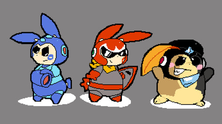 ambiguous_anthro ambiguous_gender anthro arm_cannon armor biped black_armor black_helmet black_nose black_sclera blue_armor blue_cheeks blue_helmet cheek_spots clenched_teeth closed_frown cosplay crossover_cosplay dot_nose featureless_crotch front_view frown full_body_armor fur grey_background group headgear headgear_only helmet helmet_only kerchief looking_up monotone_background mostly_nude_ambiguous mostly_nude_anthro mouth_closed narrowed_eyes neckerchief neckwear pink_cheeks pose raised_arms red_armor red_cheeks red_helmet semi-anthro short simple_background standing tan_body tan_fur teeth toothy_grin toothy_smile trio white_eyes wide_stance yellow_kerchief yellow_neckerchief meatcanister capcom mega_man_(series) nintendo pokemon bass_(mega_man) mega_man_(character) protoman generation_3_pokemon generation_8_pokemon lagomorph mammal minun morpeko morpeko_(full_belly_mode) plusle pokemon_(species) rodent 2026 crossover digital_media_(artwork) english_description full-length_portrait hi_res pixel_(artwork) portrait