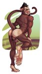 anthro anus backsack balls brown_body brown_fur butt digitigrade ear_piercing erection eyebrow_piercing facial_hair facial_piercing fangs feet fur genital_piercing genitals goatee humanoid_genitalia humanoid_penis licking licking_lips licking_own_lips looking_at_viewer looking_back male muscular muscular_anthro muscular_male nude penis piercing prehensile_feet presenting presenting_hindquarters scrotum_piercing self_lick sharp_teeth solo standing tail tail_anus teeth toes tongue tongue_out kalimah angelus_lysander haplorhine mammal monkey primate compression_artifacts hi_res